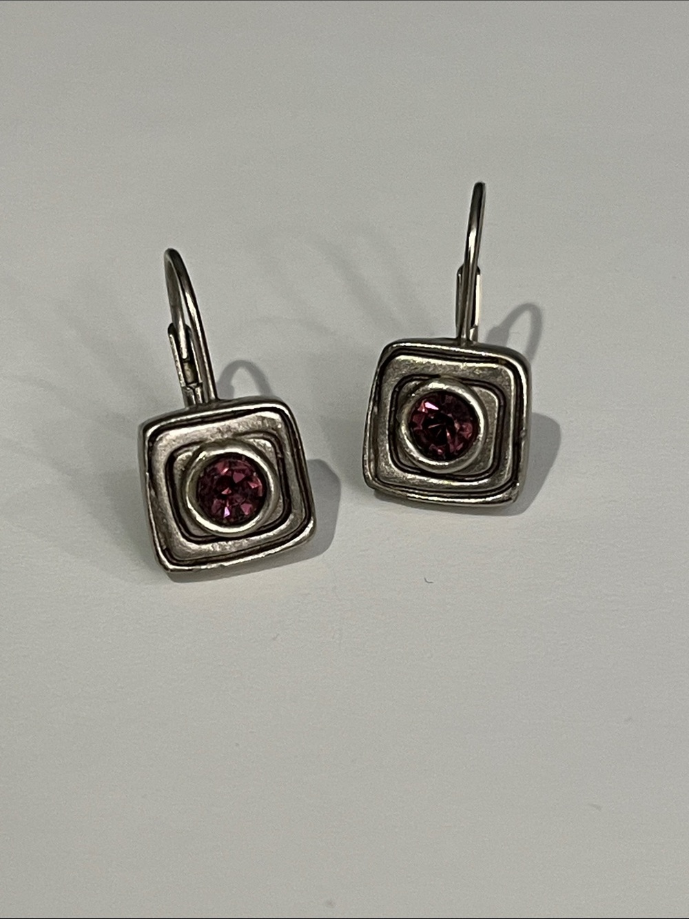 Jackie Spector Pewter Square Drop Earrings with Purple Crystal Centers